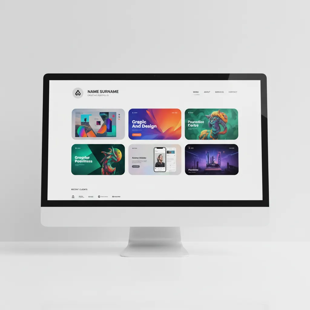 Portfolio website with a grid of colourful project cards shown on a desktop monitor